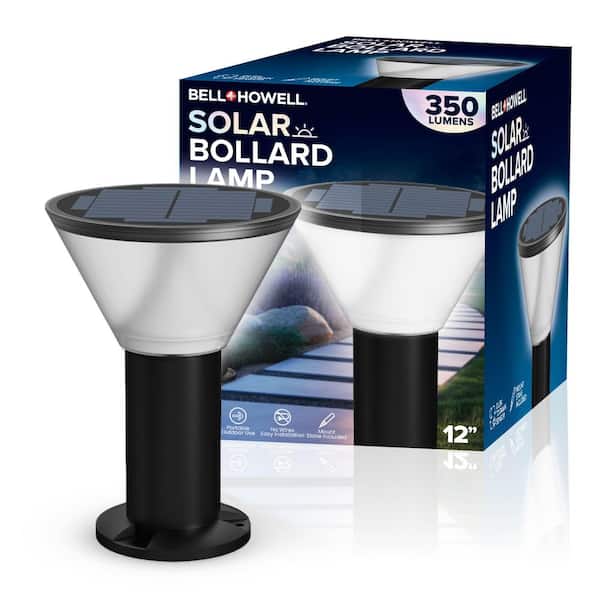 Solar Bollard Lamp 12 inch Black 350 Lumens Integrated LED 3 Color Modes Weather Resistant Portable Path Light