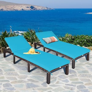 Brown Plastic Wicker Outdoor Type Lounge Chair with Turquoise Cushions (2-Pack)