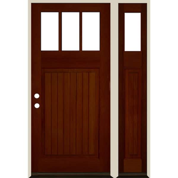Krosswood Doors 36 in. x 80 in. Craftsman 3-LIte Clear Glass VG Red Chestnut Stain Right Hand Hemlock Wood Prehung Front Door w/RSL