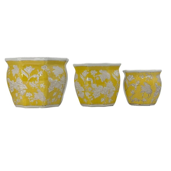 Set of 3-7.5 in. / 10 in. / 13 in. Yellow and White Ceramic Chinoiserie Planter Pot Set