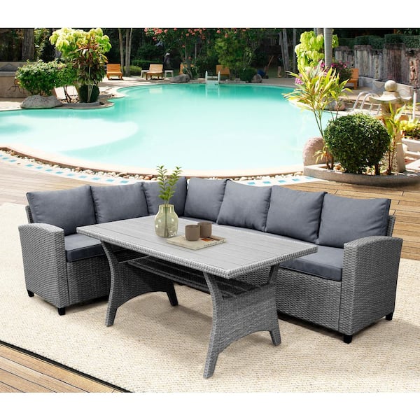 Cesicia 3-Piece PE Rattan Wicker Outdoor Patio Conversation Sectional Sofa with Gray Cushions