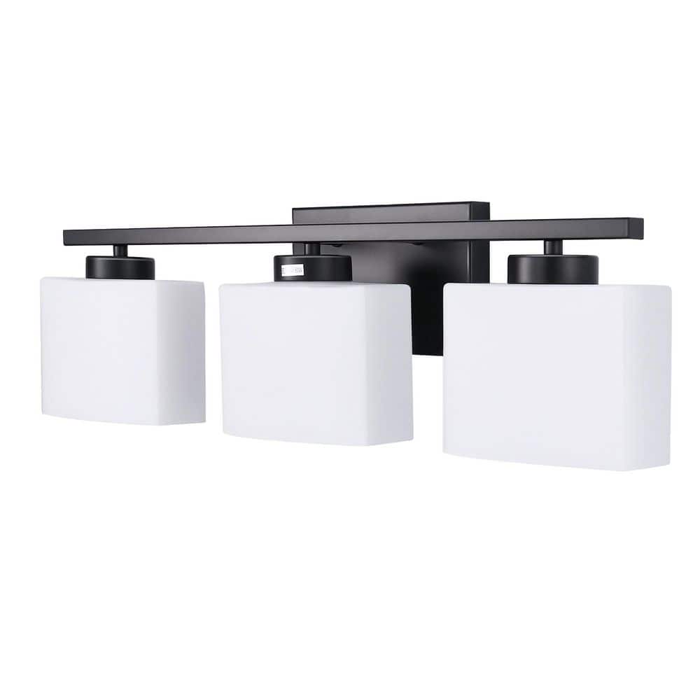 22 in. 3 Light Matte Black Modern Square with Milk White Shades Vanity Light for Bathroom, Bedroom, Living Room price history on PriceWatchPro