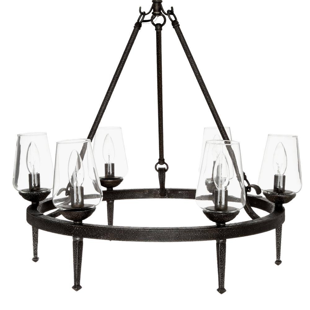 Rustic Black Iron 6-Light Chandelier with Clear Glass Shades