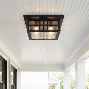 Beacon Square 2-Light Textured Black Outdoor Porch Ceiling Flush Mount Light with Clear Hammered Glass (1-Pack)