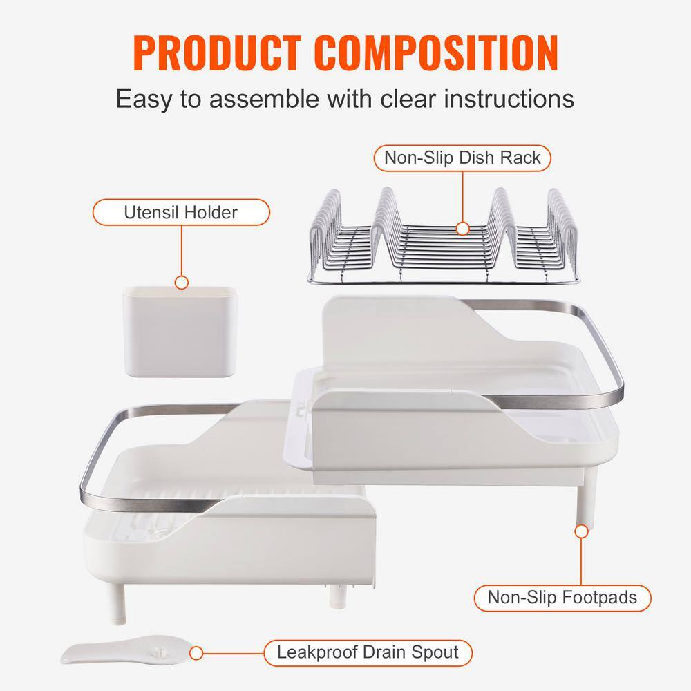 Expandable White and Stainless Steel Dish Drying Rack with Utensil Cup