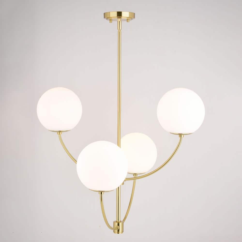 Avers 26" Gold Brass Mid-Century Modern Chandelier with White Globe Glass