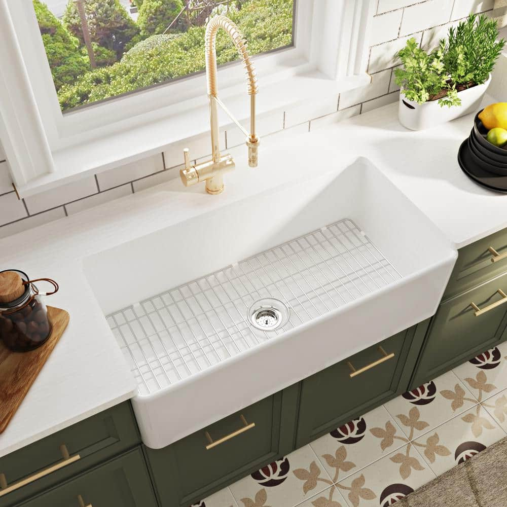 DeerValley DV-1K505 Grove 36 L x 18 W Fireclay Farmhouse Kitchen Sink with Sink Grid and Basket Strainer Finish: White