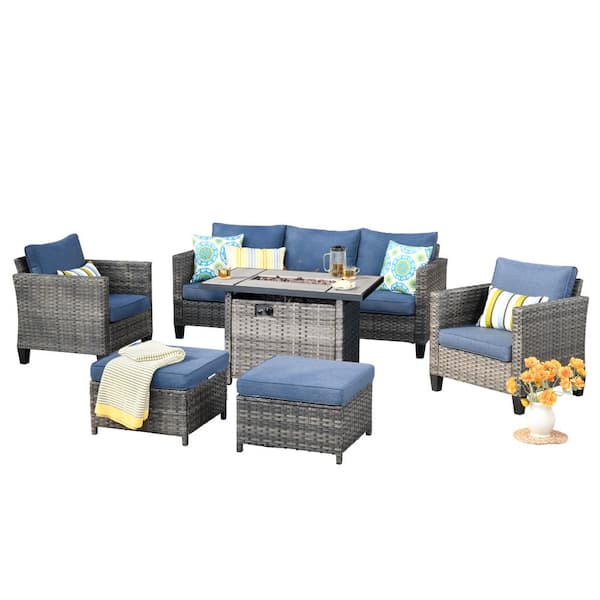 New Vultros Gray 6-Piece Wicker Patio Fire Pit Conversation Seating Set with Blue Cushions