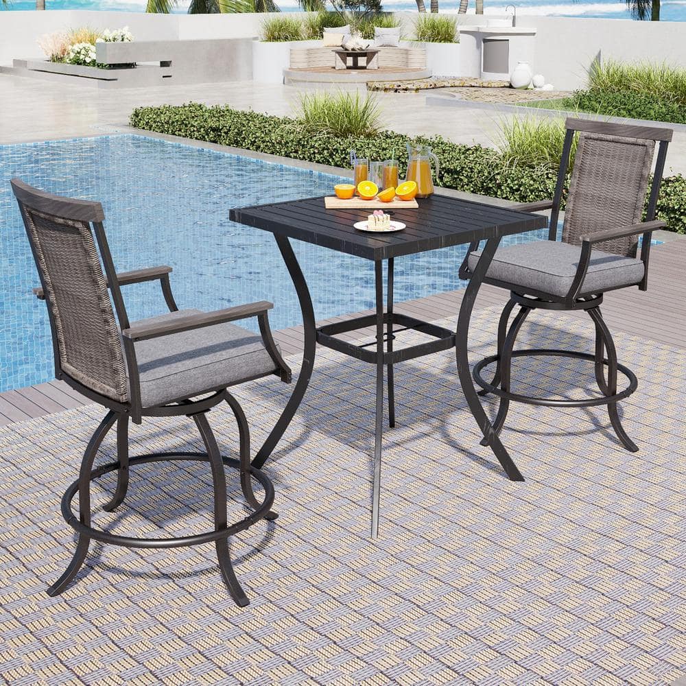 PHI VILLA 3-Piece Metal Square Outdoor Bistro Patio Bar Set with Slat Bar  Table and Rattan Bistro Chairs with Gray Cushion THD3-081131 - The Home  Depot