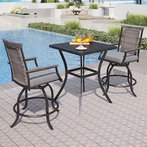 3-Piece Metal Square Outdoor Bistro Patio Bar Set with Slat Bar Table and Rattan Bistro Chairs with Gray Cushion