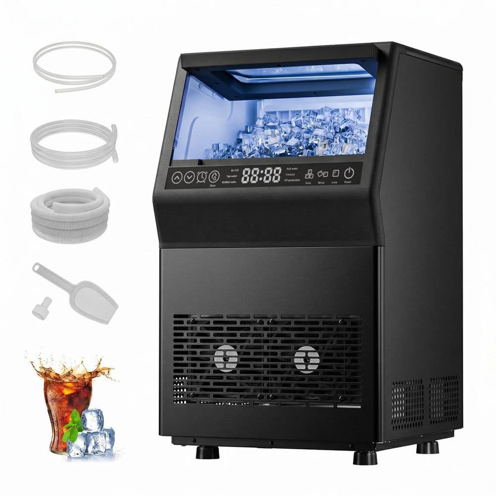 14.17 in. 80 lb. /24H Full Size Cubes Freestanding Commercial Ice Maker in Black with Dual Water Supply Options