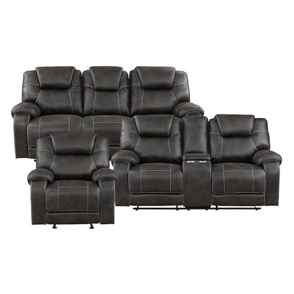 Emily 87 in. W Pillow Top Arm Microfiber Rectangle 3-Piece Manual Reclining Sofa Set in Chocolate