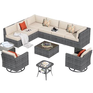 Messi Grey 10-Piece Wicker Outdoor Patio Conversation Sofa Seating Set with Swivel Rocking Chairs and Beige Cushions