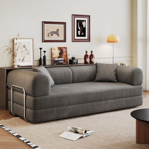 Killian 78.8 in. Round Arm Corduroy Rectangle Convertible Sleeper Sofa Bed in Grey Compressed Foam