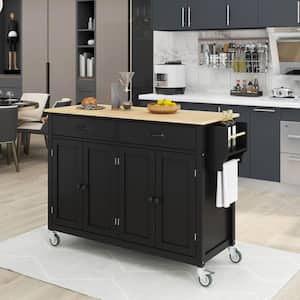 54.3 in. W Black Kitchen Cart with Locking Wheels, 4-Door Cabinet and 2-Drawers, Spice Rack, Towel Rack