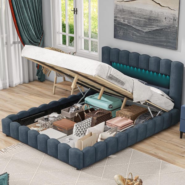 Polibi Blue Wood Frame Queen Size Platform Bed with LED Headboard and USB