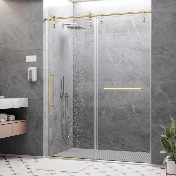 KULLAVIK 56-60 in.W x 76 in.H Sliding Frameless Glass Shower Door, with Handle and Seal Strip, Stylish and Modern, Golden