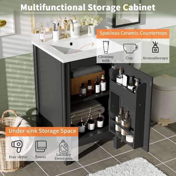 20 in. W Modern Freestanding Single Sink Black Bath Vanity with Black Ceramic Top Door Storage Rack (Unassembled)