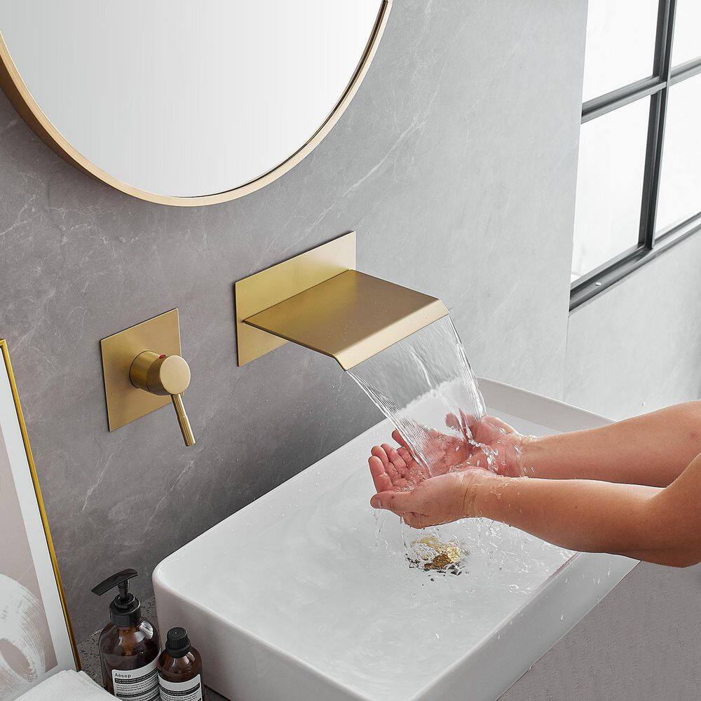 Brushed Gold Wall-Mounted Single-Handle Waterfall Bathroom Faucet