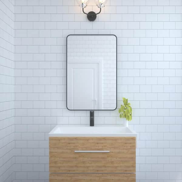 Qidian 24 in. W x 36 in. H Rectangular Framed Wall Mounted with Tempered Glass Bathroom Vanity Mirror in Black