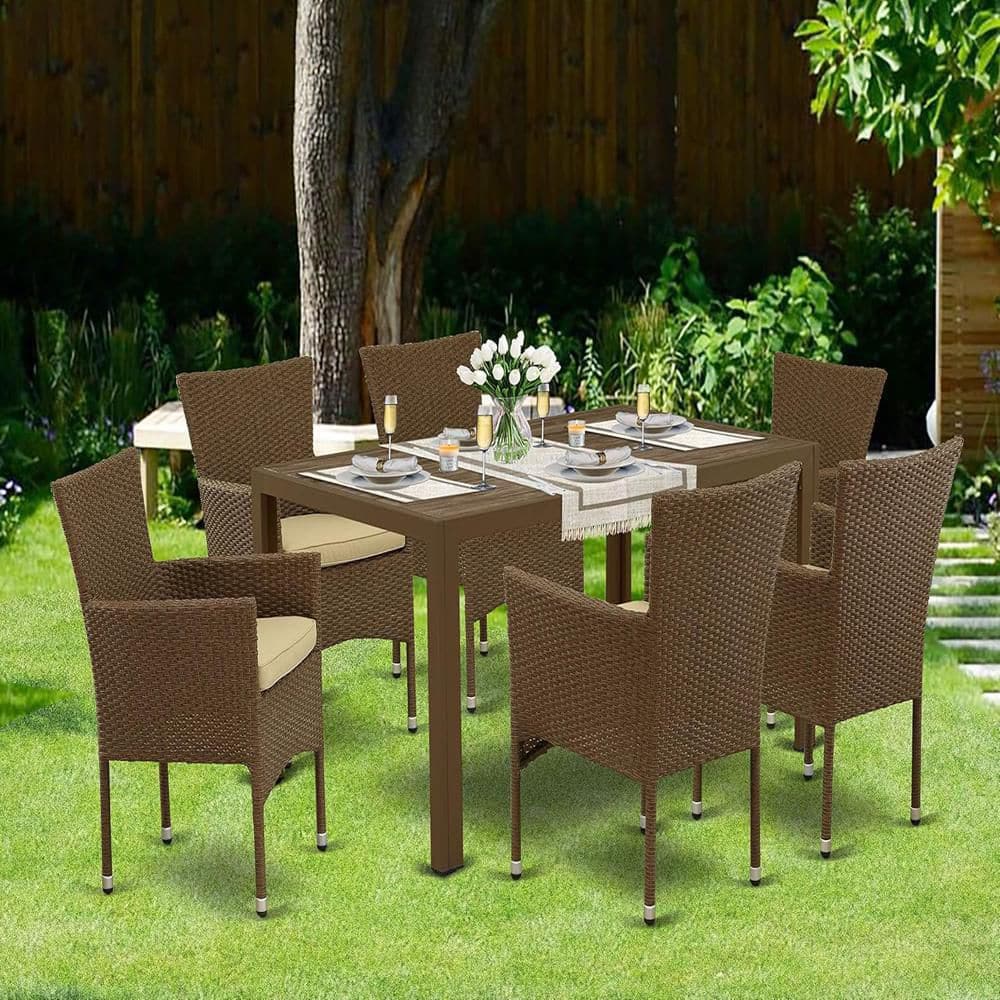 7-Piece Natural Oak Finish Solid Wood Top Dining Table with 6 Chairs with Lattice Back