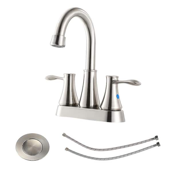 4 in. Centerset Double Handle Bathroom Sink Faucet with Pop Up Drain and 2 Water Supply Lines in Brushed Nickel (1-Pack)