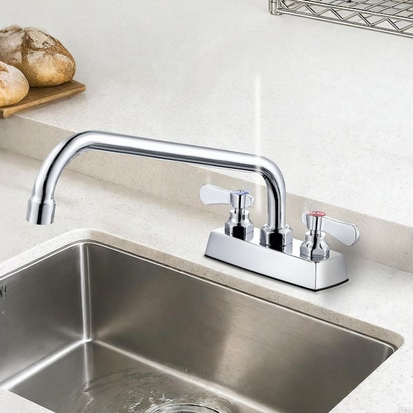 4 Inch Centerset Double Handle Deck Mount Brass Standard Kitchen Faucet with 12" Swivel Spout in Polished Chrome