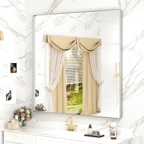 36 in. W x 36 in. H Square Aluminum Alloy Framed and Tempered Glass Wall Bathroom Vanity Mirror in Brushed Silver