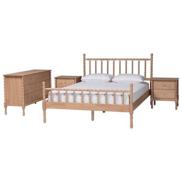 Laurent 4-Piece Beech Brown Wood Queen Bedroom Set with Two Nightstands