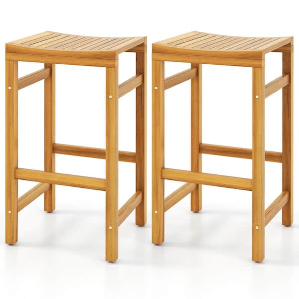 HONEY JOY UnStackable Acacia Wood Outdoor Bar Stool Patio Bar Stools with Ergonomic Seat and Comfortable Footrest (2-Pack)