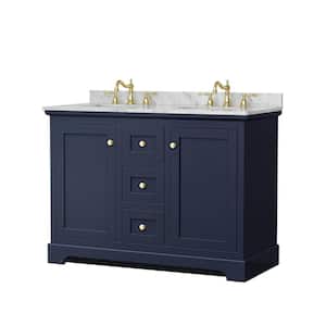 Avery 48 in. W x 22 in. D Double Vanity in Dark Blue with Marble Vanity Top in White Carrara with Oval Basins
