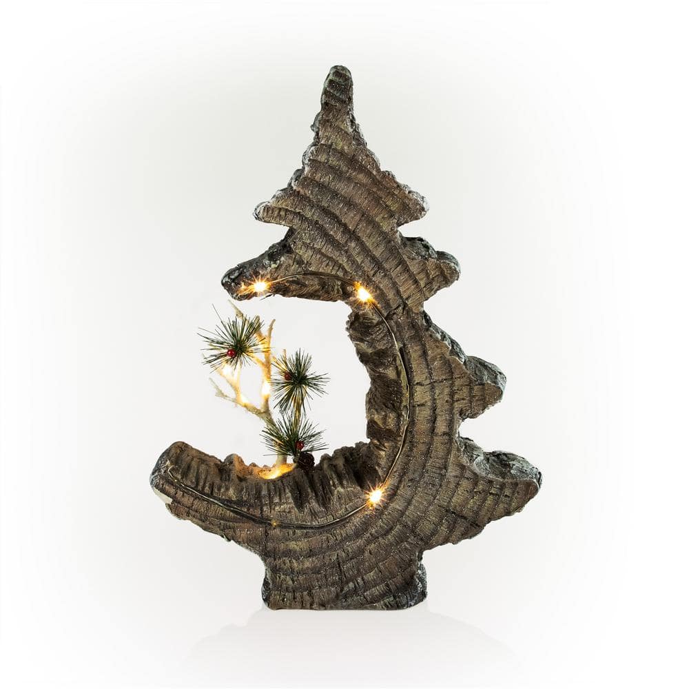 19 in. Tall Christmas Tree Statue with Carved Wood Look and LED Lights