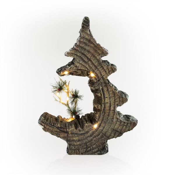 Alpine Corporation 19 in. Tall Christmas Tree Statue with Carved Wood Look and LED Lights