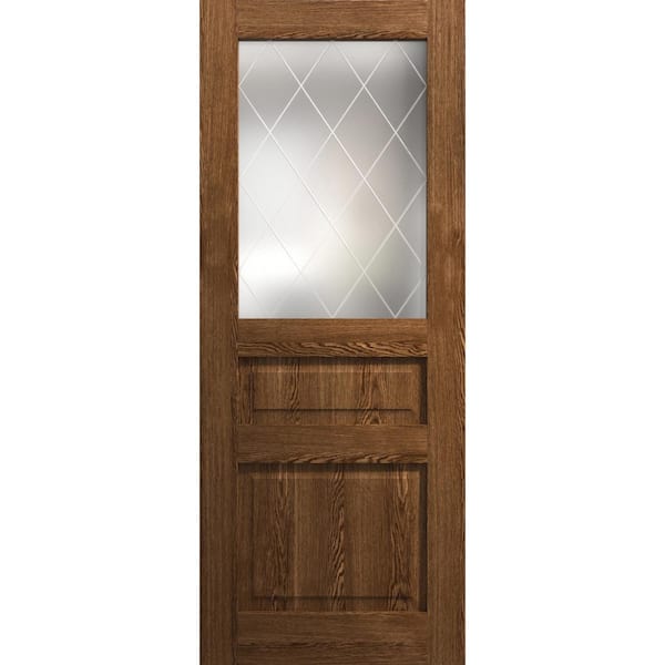 24 in. x 84 in. Frosted Glass Cognac Oak Color Solid Wood Slab With Hardware