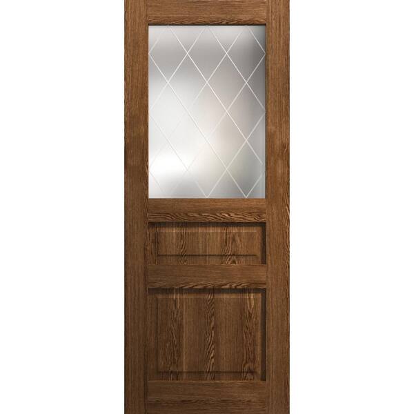 30 in. x 96 in. Frosted Glass Cognac Oak Color Solid Wood Slab With Hardware