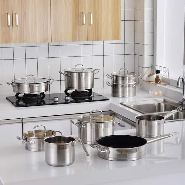 12-piece Stainless steel cookware set milk soup pot frying pan kettle  non-stick wood grain glass lid