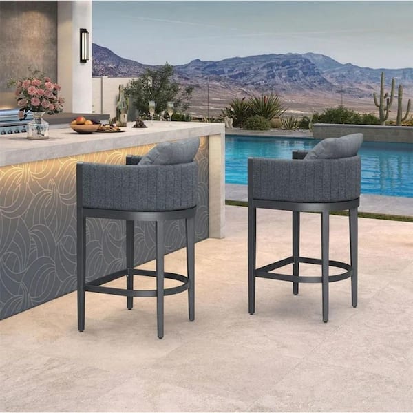Aluminum Bar Height Outdoor Bar Stool Olefin Weaving Oval Leg with Backrest and Cushion, Gray(2-Pack)