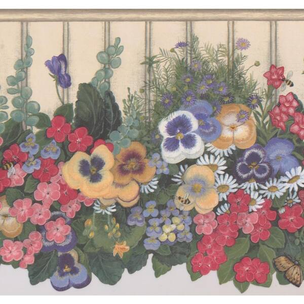 Retro Art Vintage White Yellow Blue Red Pink Flowers in Flowerbed by Beige Fence Prepasted Wallpaper Border
