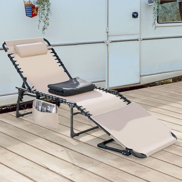 Black Folding Textilene and Metal Outdoor Lounge Chair in Khaki with 5-Position Adjustable Backrest