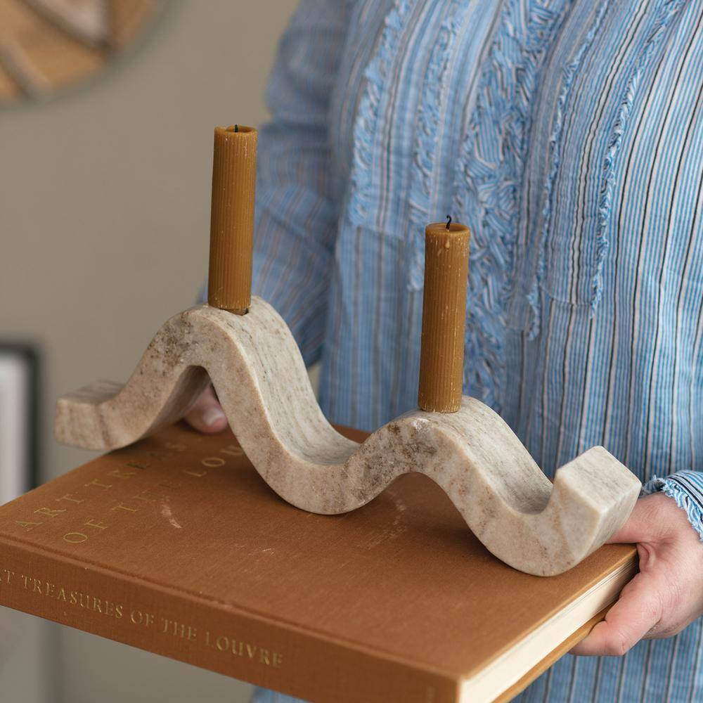 Natural Beige Marble Wave Double Taper Candle Holder