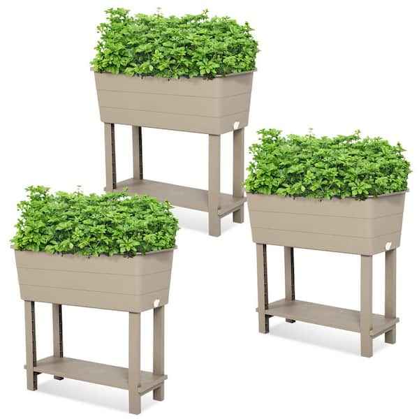 Aoodor 30.2 in. x 14.2 in. x 29.6 in. Khaki Plastic Raised Garden Bed with Drainage Plug and Water Level Indicator Set of 3