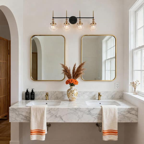Orbline Transitional 28.5 in. 4-Light Plated Brass and Black Bath Vanity Light with Clear Globe Glass Shade Wall Light