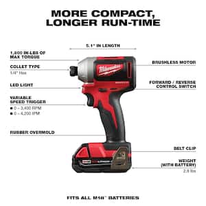 M18 18V Lithium-Ion Brushless Cordless 1/4 in. Impact Driver Kit with LED Site Light & (2) 3.0Ah Batteries