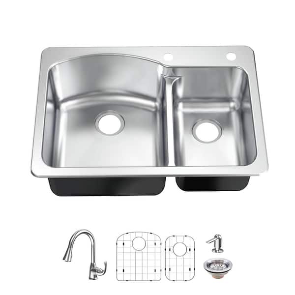 Glacier Bay Bratten 33 in. Drop-In 60/40 Double Bowl 18 Gauge Stainless Steel Kitchen Sink with Pull-Down Faucet