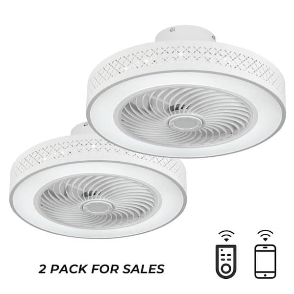 TOZING 20 in. LED Indoor White Dimmable Modern Cage Bladeless Low Profile Flush Mount Ceiling Fan Light with Remote (2-Pack)