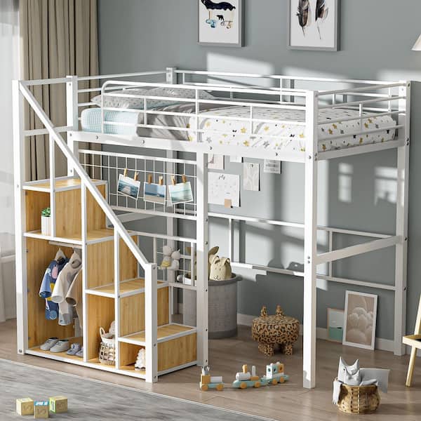 Harper & Bright Designs White Twin Size Metal Loft Bed with Storage Staircase and Small Wardrobe