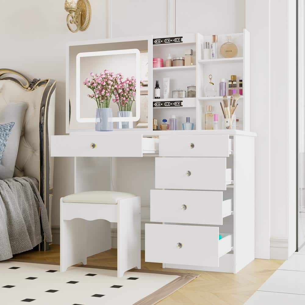 White Makeup Vanity Set Dressing Desk with Glass Top, Sliding LED Lighted Mirror, Drawers, Storage Shelves and Stool - thumbnail 2