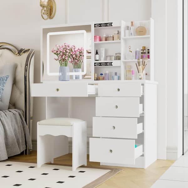 White Makeup Vanity Set Dressing Desk with Glass Top, Sliding LED Lighted Mirror, Drawers, Storage Shelves and Stool