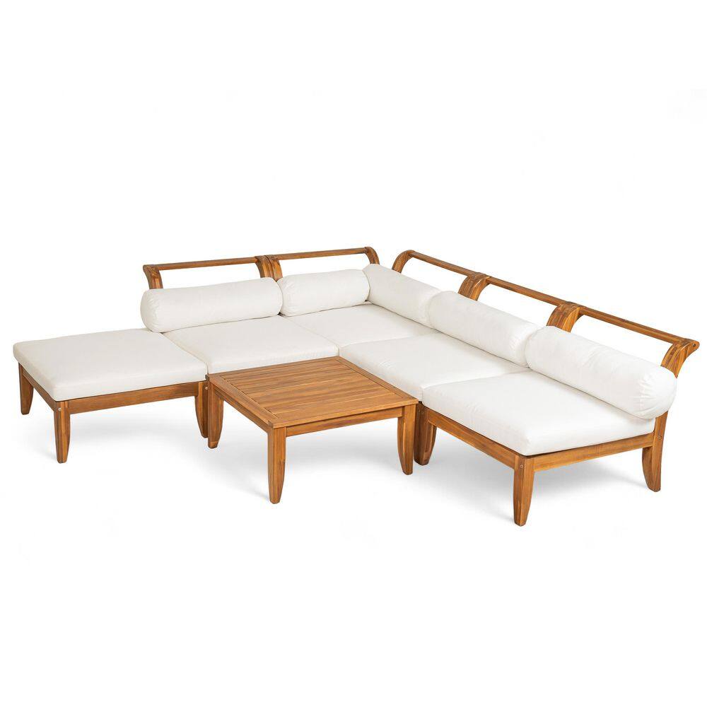 Teak 6-Piece Acacia Wood Outdoor Modular L-Shaped Sectional Set, Convertible Daybed with Beige Cushions and Tea Table price history on PriceWatchPro