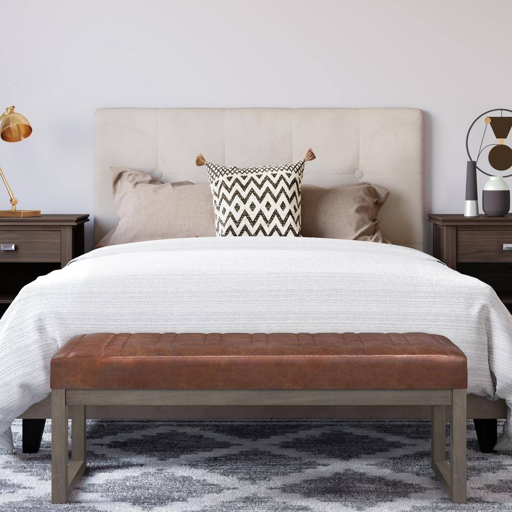 Distressed Saddle Brown Tufted Faux Leather Footstool Ottoman